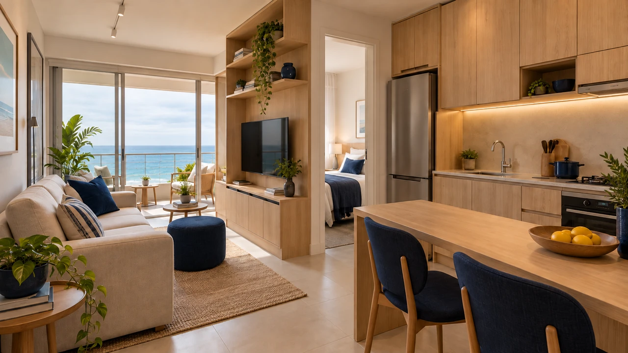 Ilustração de apartamento compacto com armários em madeira clara e bancada integrada